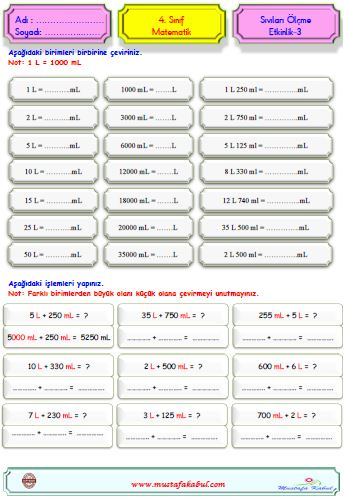 4.Sınıf Matematik Sıvıları Ölçme