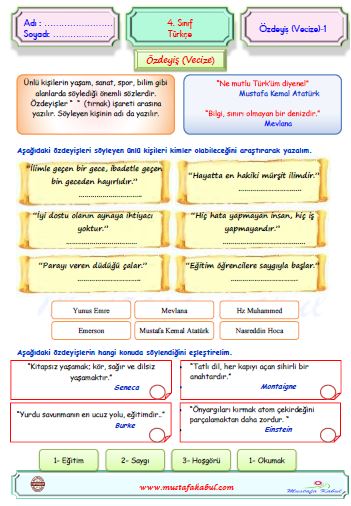  4.Sınıf Türkçe Deyimler ve Özdeyişler Test