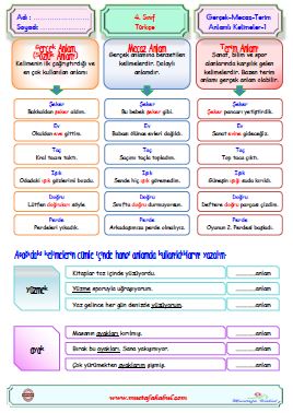   4.Sınıf Gerçek-Mecaz-Terim Anlamlı Kelimeler Test