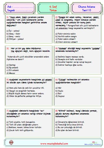   4.Sınıf Okuma Anlama Test