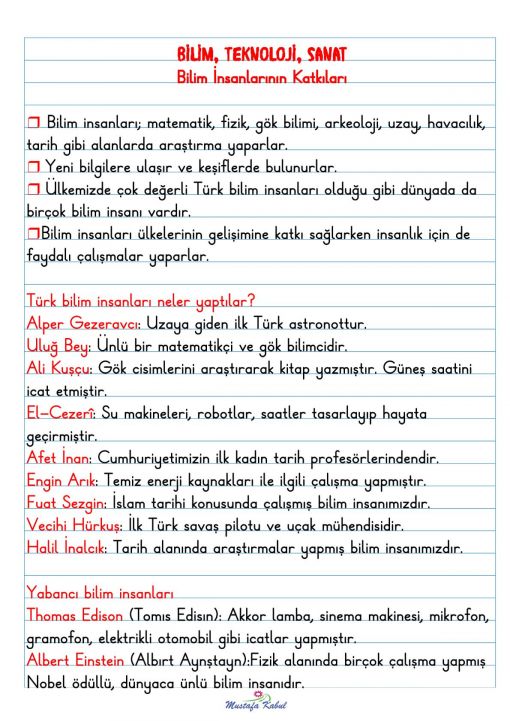  2.Sınıf Bilim İnsanların Katkısı Defter Notu