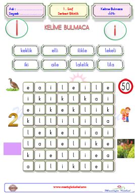  1. Sınıf Serbest Etkinlik Kelime Bulmaca