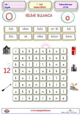  1. Sınıf Serbest Etkinlik Kelime Bulmaca