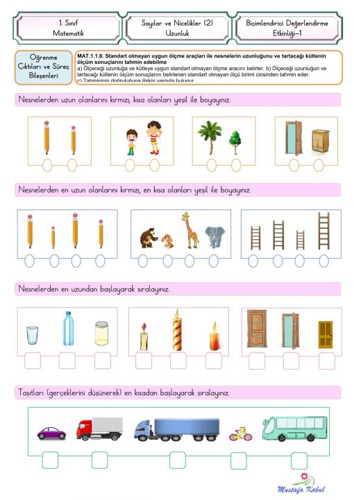  1.Sınıf Uzunluk Ölçme Biçimlendirici Süreç Değerlendirme