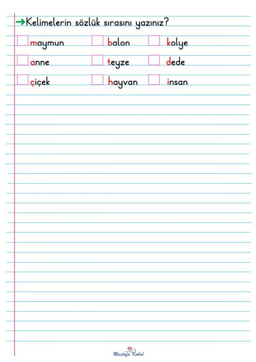   1.Sınıf Alfabetik Sıralama Defter Notu