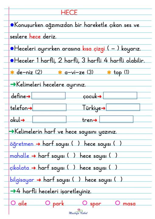  1.Sınıf Hece Defter Notu