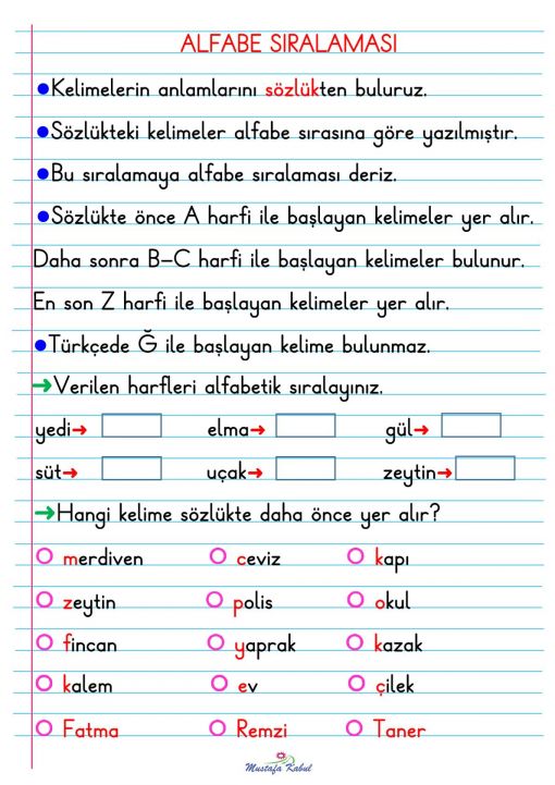  1.Sınıf Alfabetik Sıralama Defter Notu