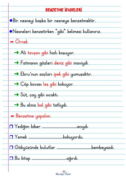  1.Sınıf Benzetme İfadeleri Defter Notu