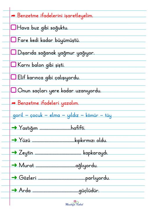   1.Sınıf Benzetme İfadeleri Defter Notu