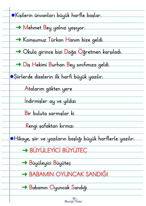  1.Sınıf Büyük Harflerin Kullanıldığı Yerler