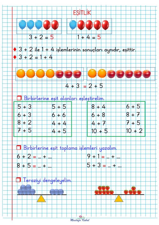    1.Sınıf Matematik Eşitlik Defter Notu