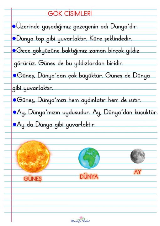  1.Sınıf Gök Cisimleri Defter Notu