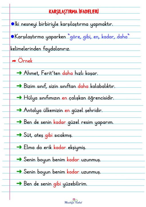  1.Sınıf Karşılaştırma Defter Notu