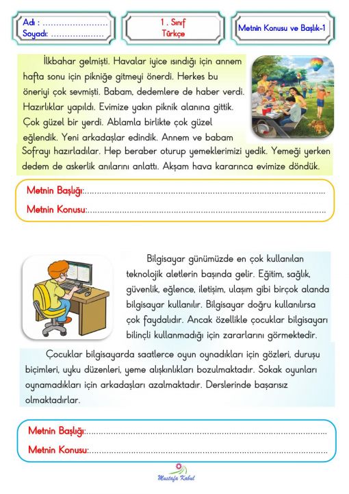  1.Sınıf Metnin Konusu ve Metnin Unsurları Öğeleri