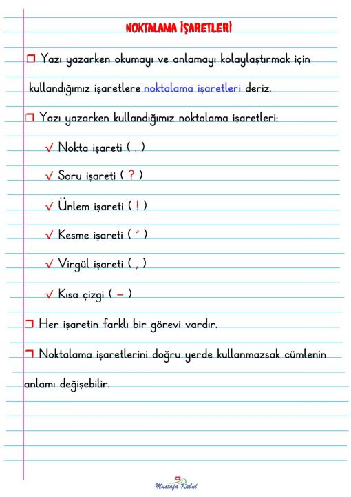  1.Sınıf Noktalama İşaretleri Defter Notu
