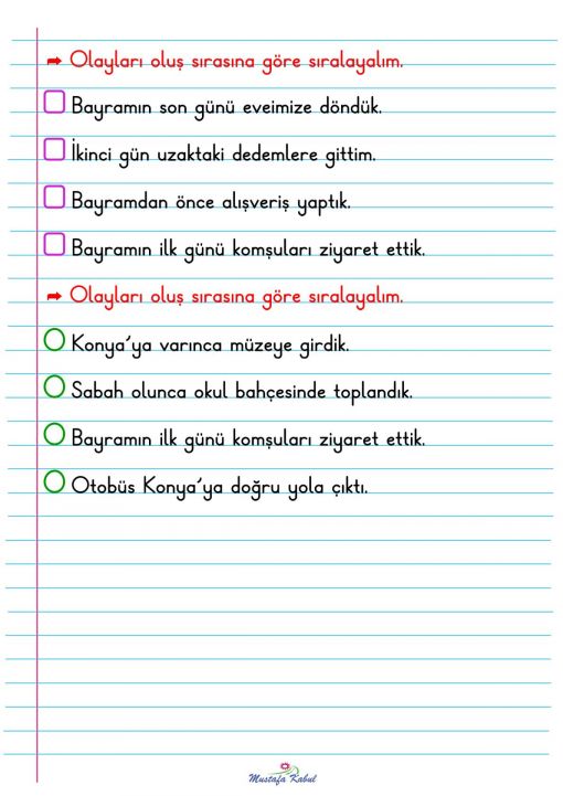  1.Sınıf Olayları Oluş Sırasına Göre Sıralama Defter Notu