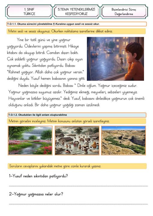 1.Sınıf Yeteneklerimizi Keşfediyoruz Süreç Değerlendirme