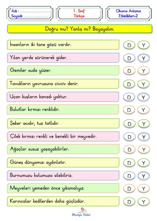   1.Sınıf Okuma Anlama Pekiştirme Etkinliği