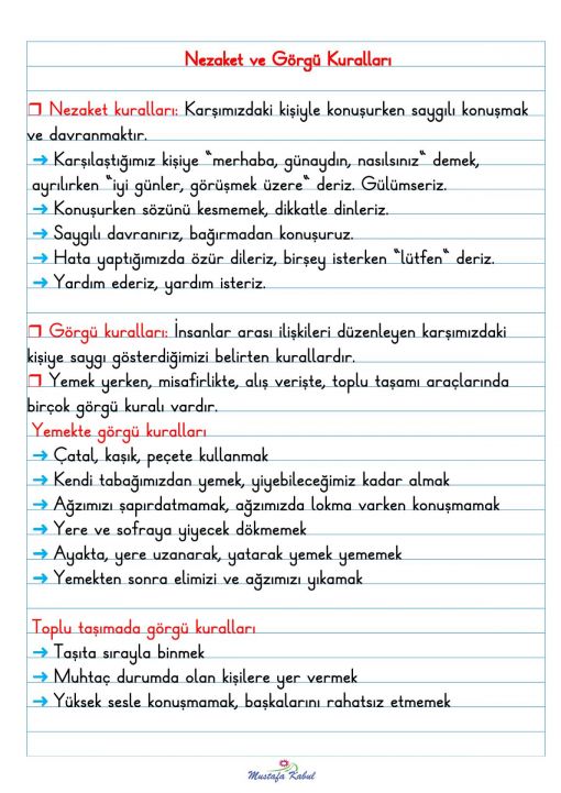 2.Sınıf Nezaket ve Görgü Kuralları Defter Notu 2.Sınıf Nezaket ve Görgü Kuralları Defter Notu