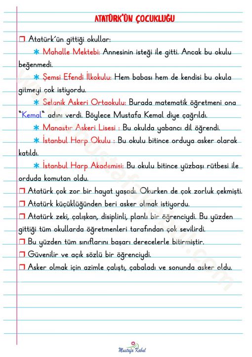  2.Sınıf Atatürk'ün Çocukluğu Defter Notu