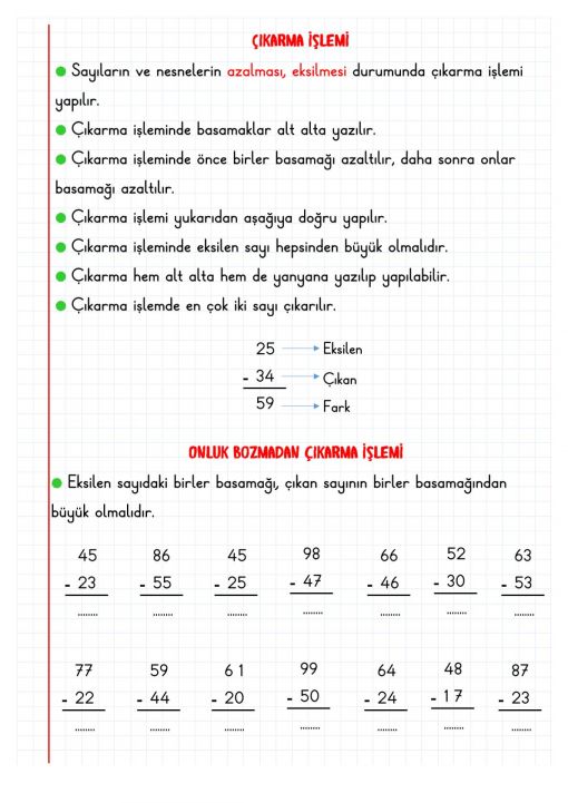  2.Sınıf Çıkarma İşlemi Defter Notu