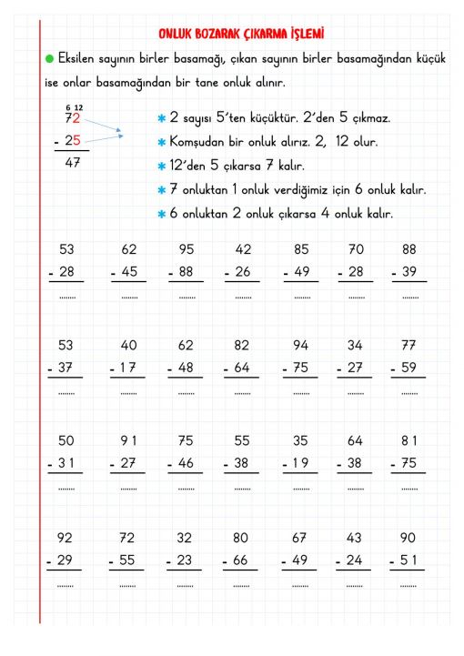 2.Sınıf Çıkarma İşlemi Defter Notu 2.Sınıf Çıkarma İşlemi Defter Notu