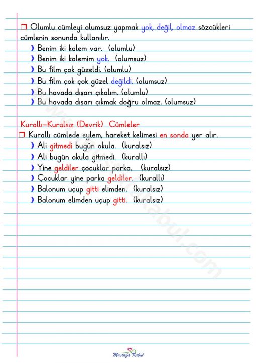  2.Sınıf Cümle Bilgisi Defter Notu