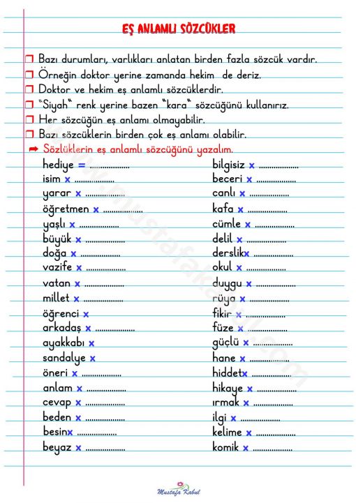  2.Sınıf Eş Anlamlı Kelimeler Defter Notu