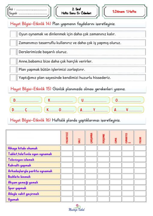 2.Sınıf Hafta Sonu Ödevleri