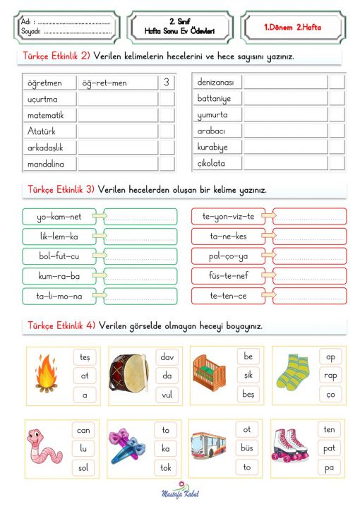 2.Sınıf Haftalık Ödevler 