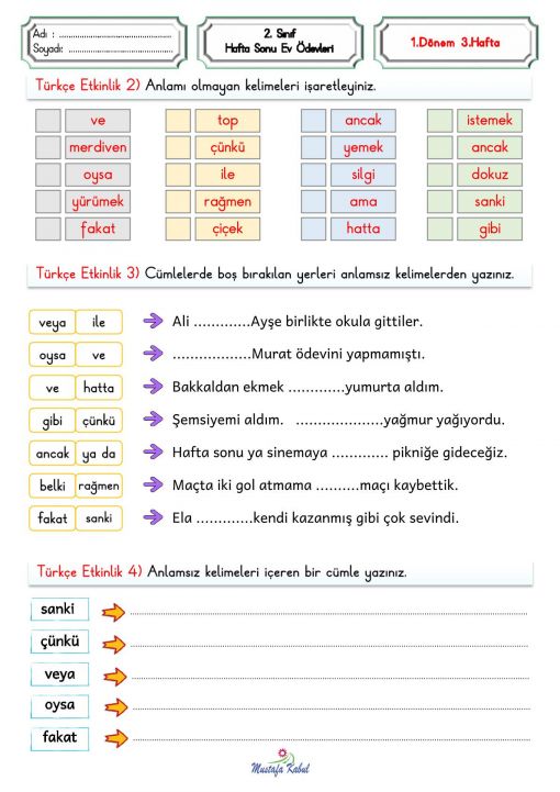  2.Sınıf Hafta Sonu Ödevleri 3.Hafta
