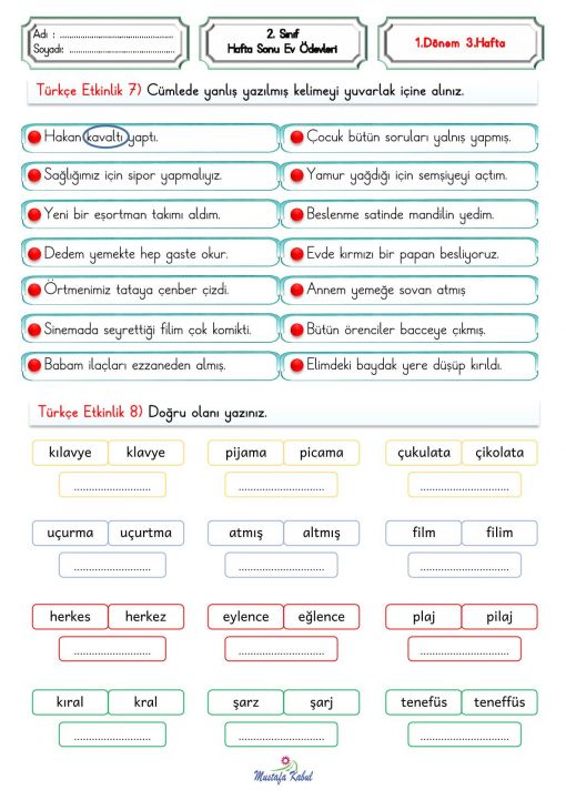  2.Sınıf Hafta Sonu Ödevleri 3.Hafta