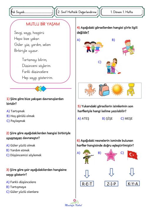 2.Sınıf Haftalık Süreç Değerlendirme 1.Hafta
