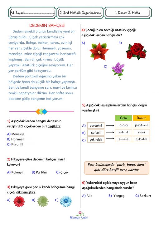 2.Sınıf Haftalık Süreç Değerlendirme 2.Hafta