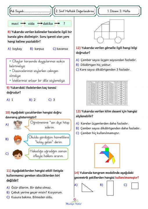  2.Sınıf Haftalık Süreç Değerlendirme 3.Hafta