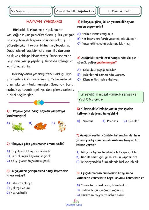   2.Sınıf Haftalık Süreç Değerlendirme 4.Hafta