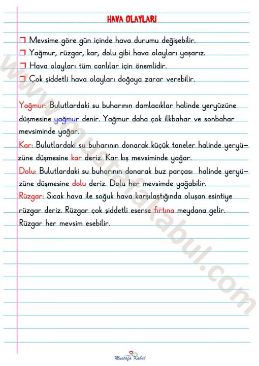  2.Sınıf Hava Olayları ve Mevsimler Defter Notu