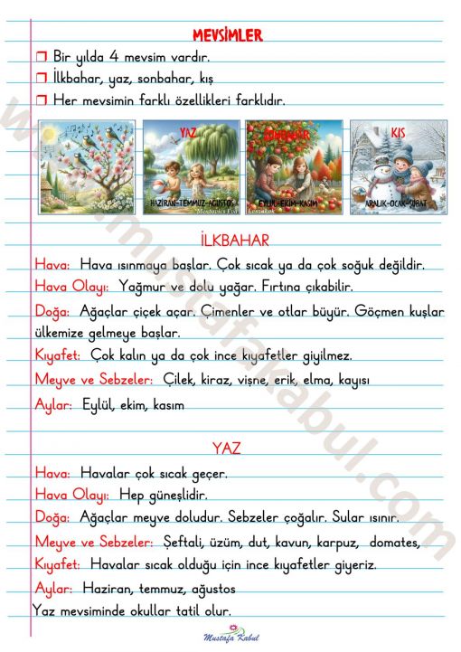  2.Sınıf Hava Olayları ve Mevsimler Defter Notu