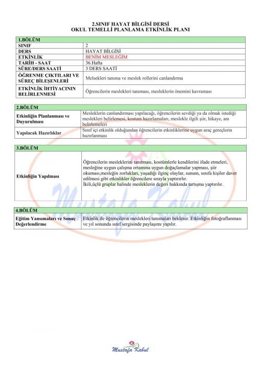 2.Sınıf Hayat Bilgisi Okul Temelli Planlama Etkinliği Örnekleri