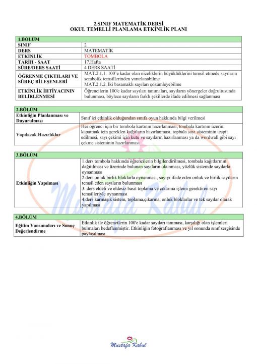  2.Sınıf Matematik Okul Temelli Planlama Etkinliği Örnekleri