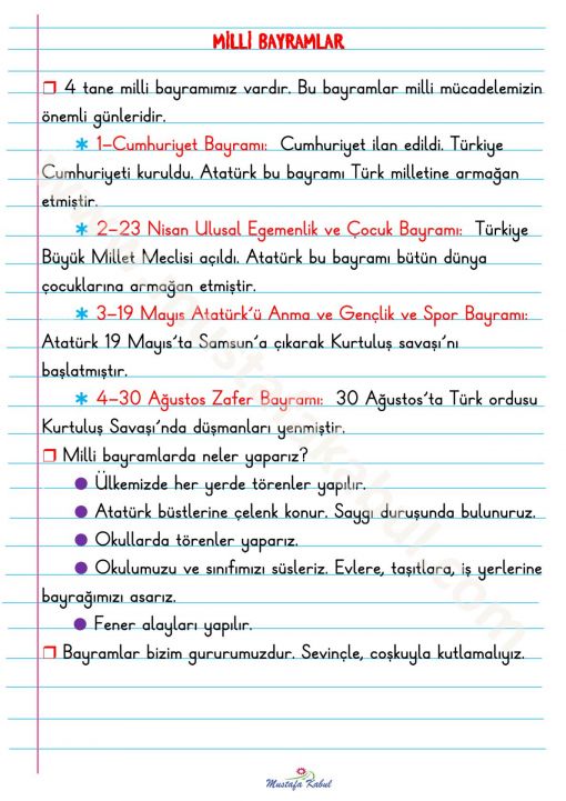  2.Sınıf Milli Bayramlar Defter Notu