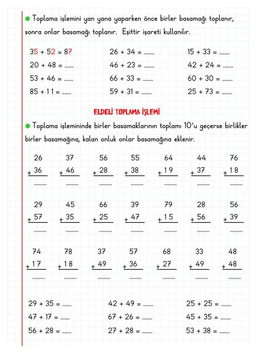  2.Sınıf Toplama İşlemi Defter Notu