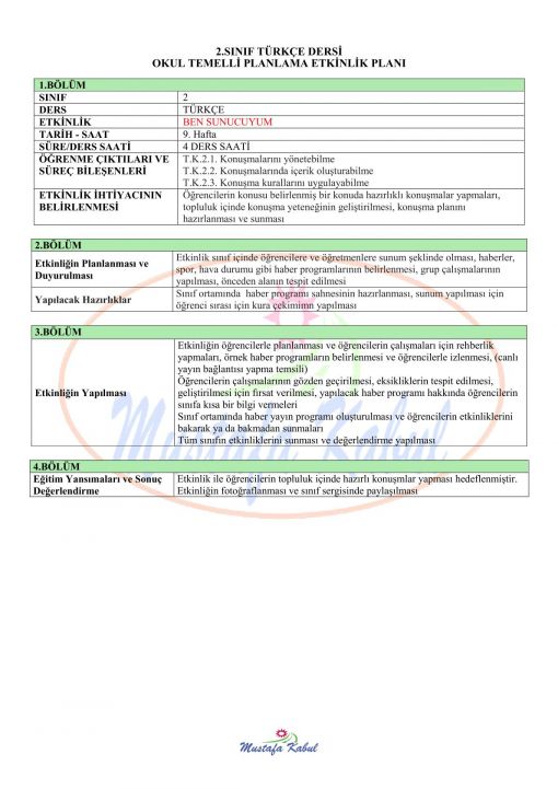 2. Sınıf Türkçe Okul Temelli Planlama 
