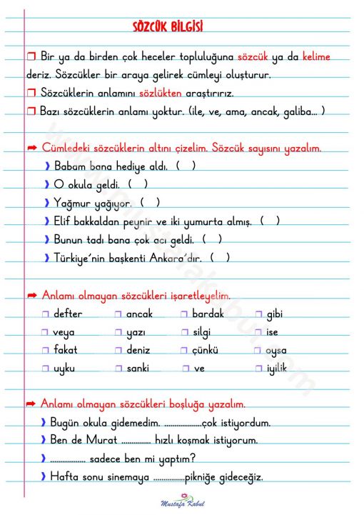  2.Sınıf Kelime Sözcük Defter Notu