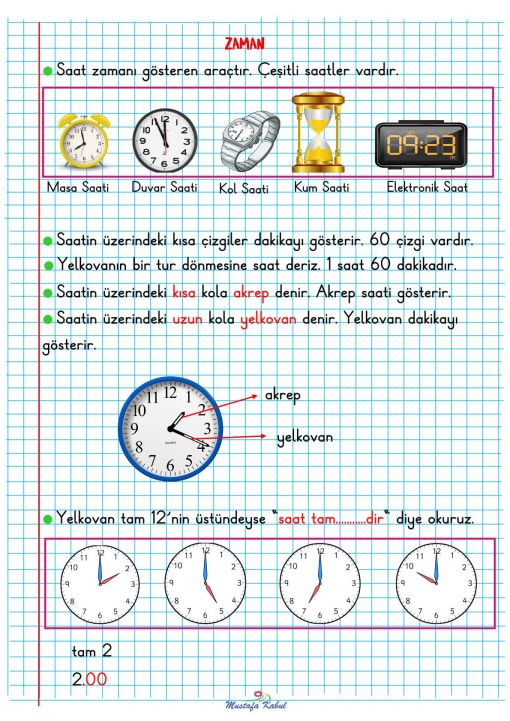  2.Sınıf Zaman Ölçme Defter Notu ve Konu Özeti