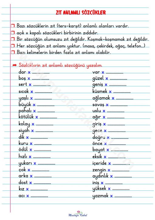  2.Sınıf Zıt Anlamlı Kelimeler Defter Notu