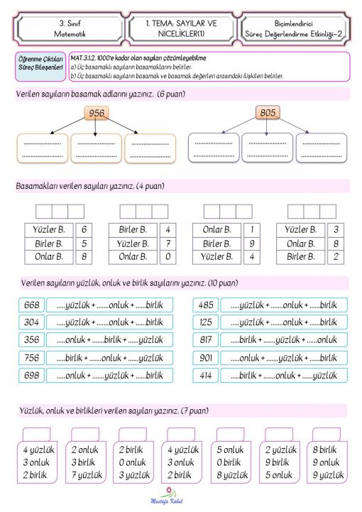  3.Sınıf Doğal Sayılar Süreç Değerlendirme