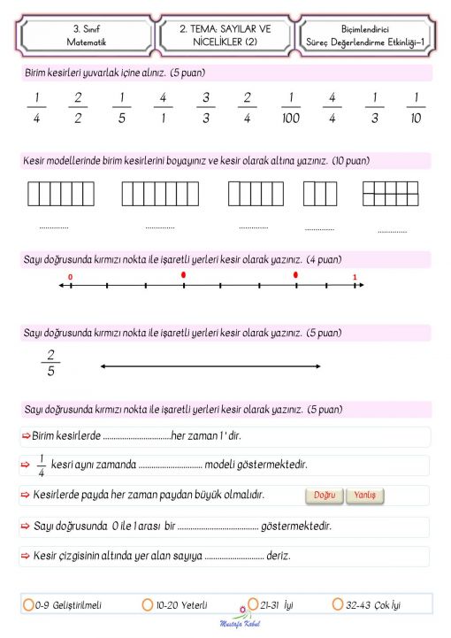 3.Sınıf Kesirler Süreç Değerlendirme Etkinliği 3.Sınıf Kesirler Süreç Değerlendirme Etkinliği