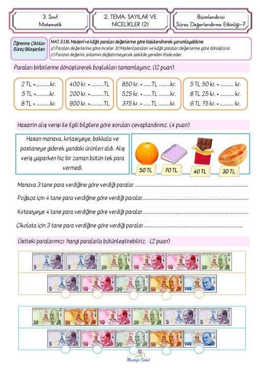 3.Sınıf Paralarımız Süreç Değerlendirme Etkinliği