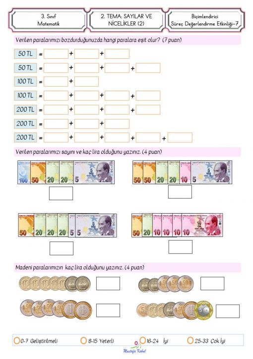 3.Sınıf Paralarımız Süreç Değerlendirme Etkinliği 3.Sınıf Paralarımız Süreç Değerlendirme Etkinliği